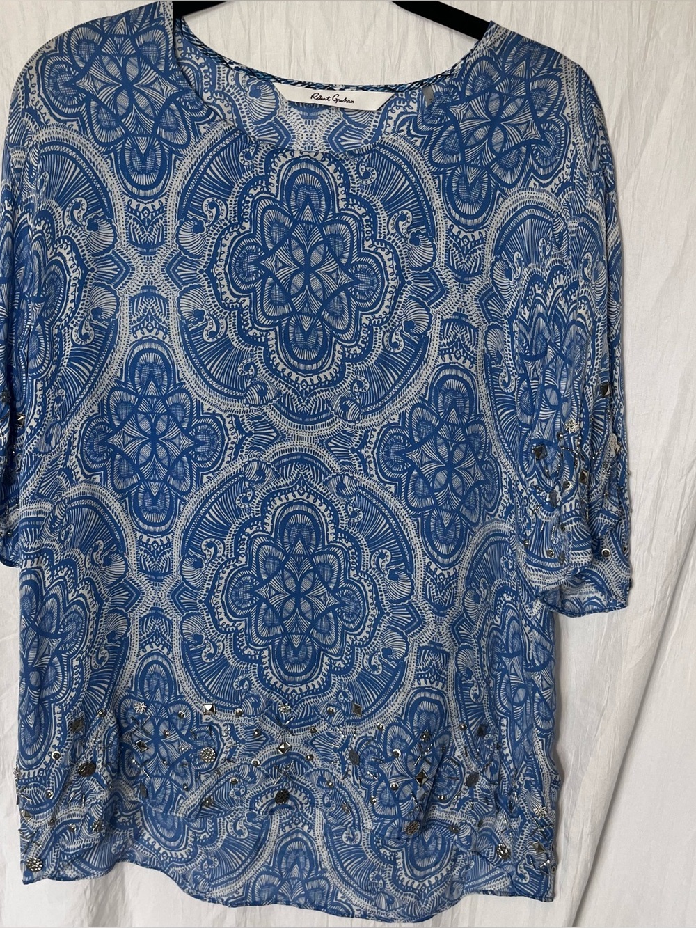 Robert Graham Womens Small Silk Blue White Top W Silver Embellishments Coastal
